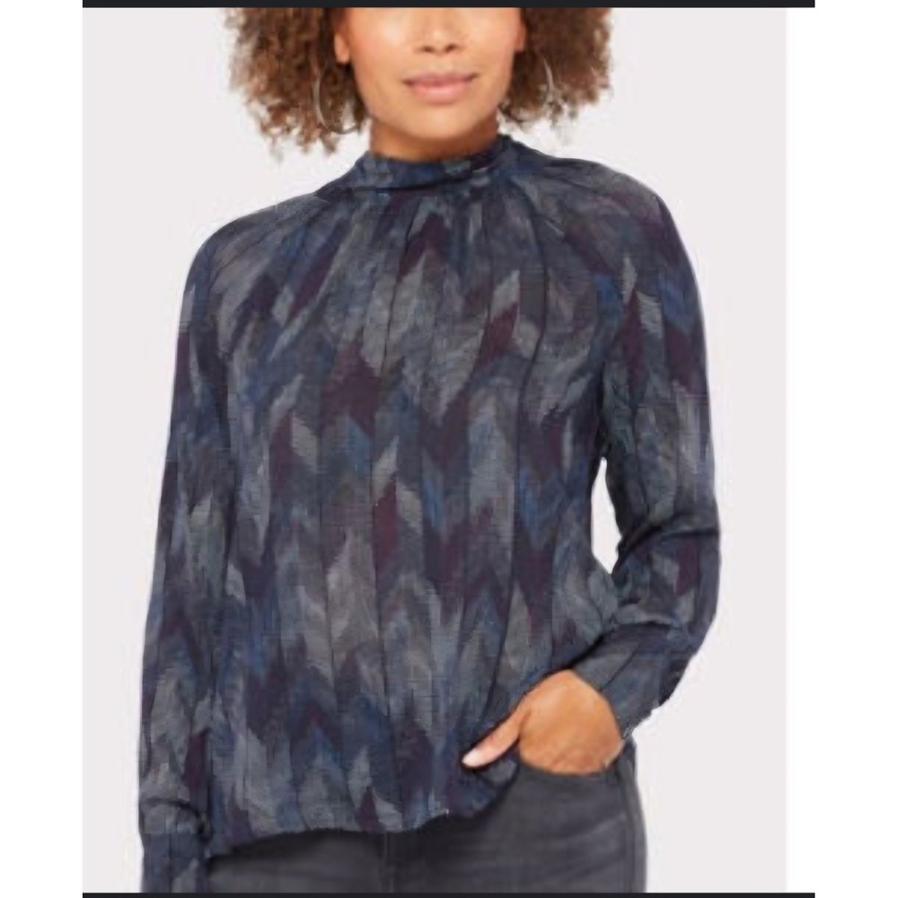 Cloth & Stone Anthropologie Blue Mock Neck Back Tie Long Sleeve Blouse S